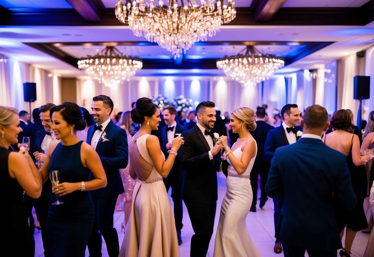 A glamorous wedding after-party with guests in chic cocktail attire, dancing and mingling in a stylish venue adorned with twinkling lights and elegant decor
