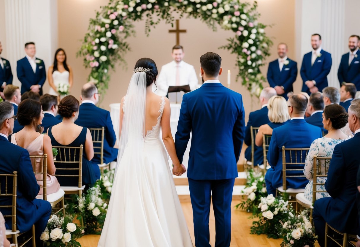 A bride and groom standing at a wedding altar, surrounded by floral decorations, with guests seated in rows