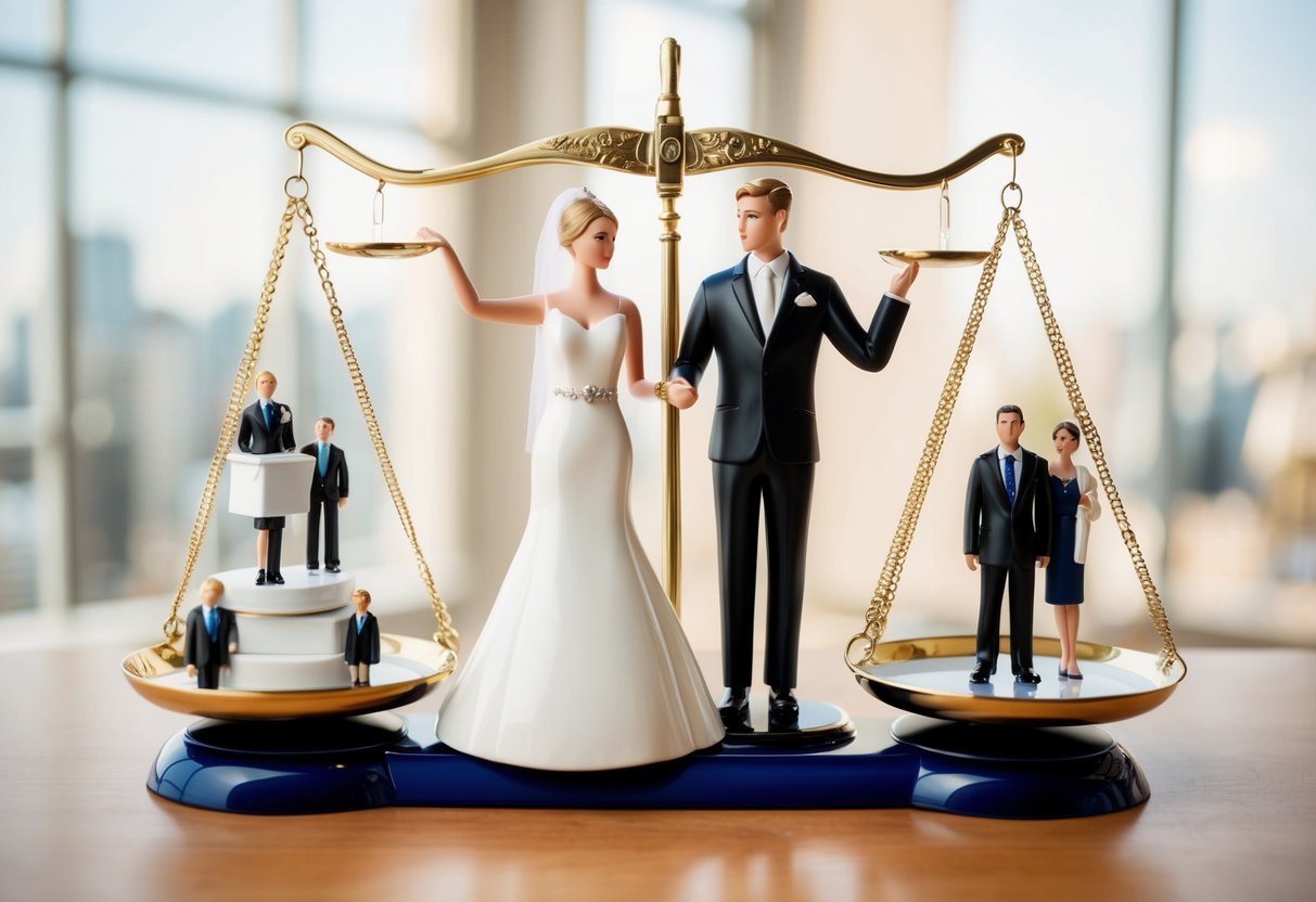A bride and groom standing on opposite sides of a scale, with various wedding expenses on one side and family members on the other, symbolizing the debate over who should pay for the wedding in the UK