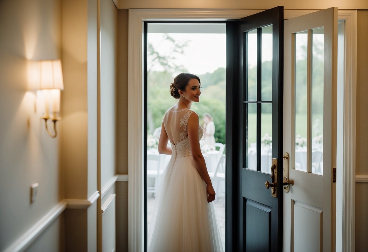 A figure standing at the open door of a wedding venue, looking back over their shoulder with a wistful expression