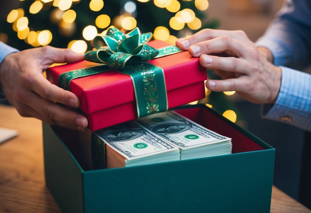A pair of hands wrapping a stack of bills with a festive ribbon and placing it inside a gift box