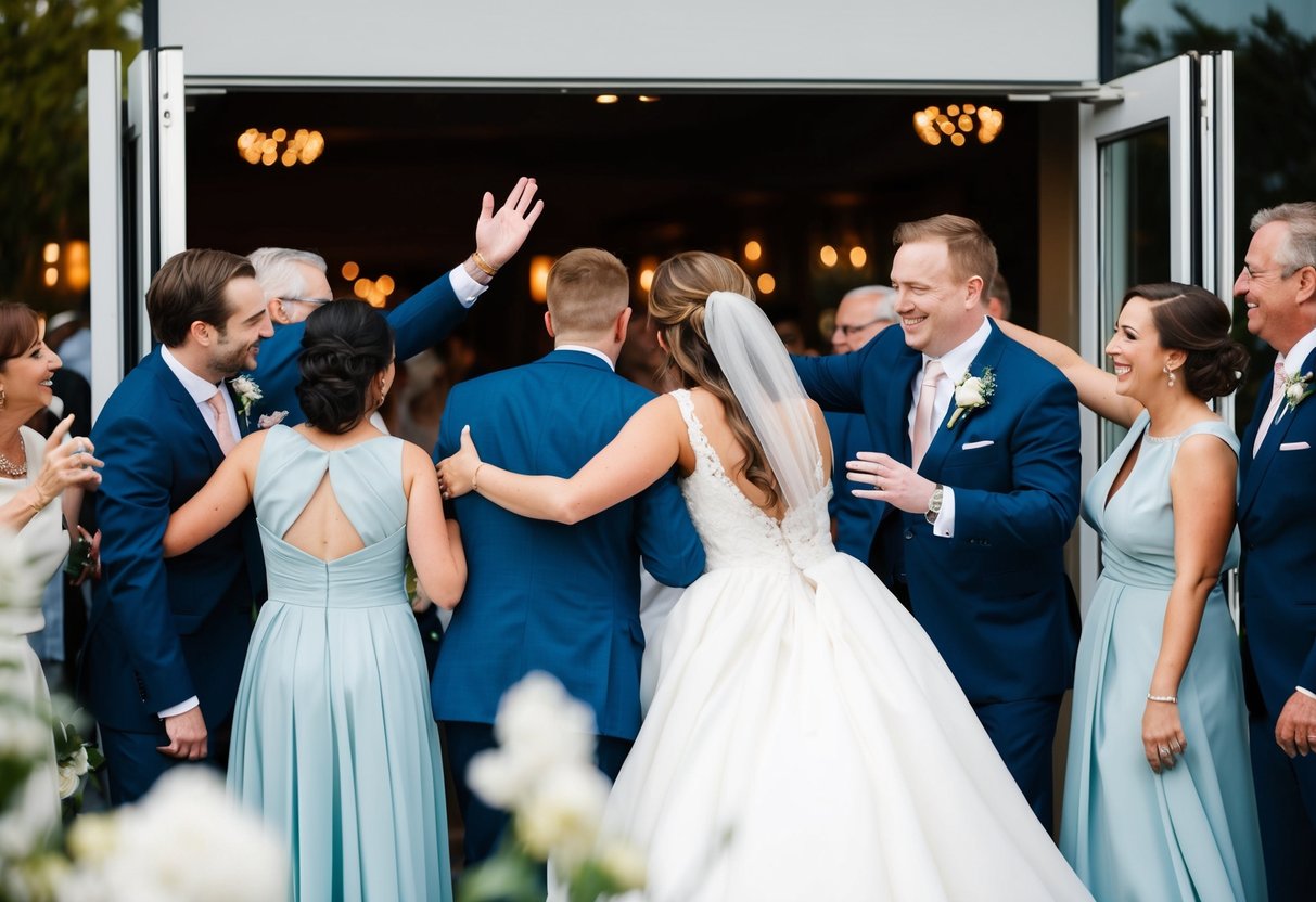 Guests hugging and waving as a bride and groom exit a wedding venue