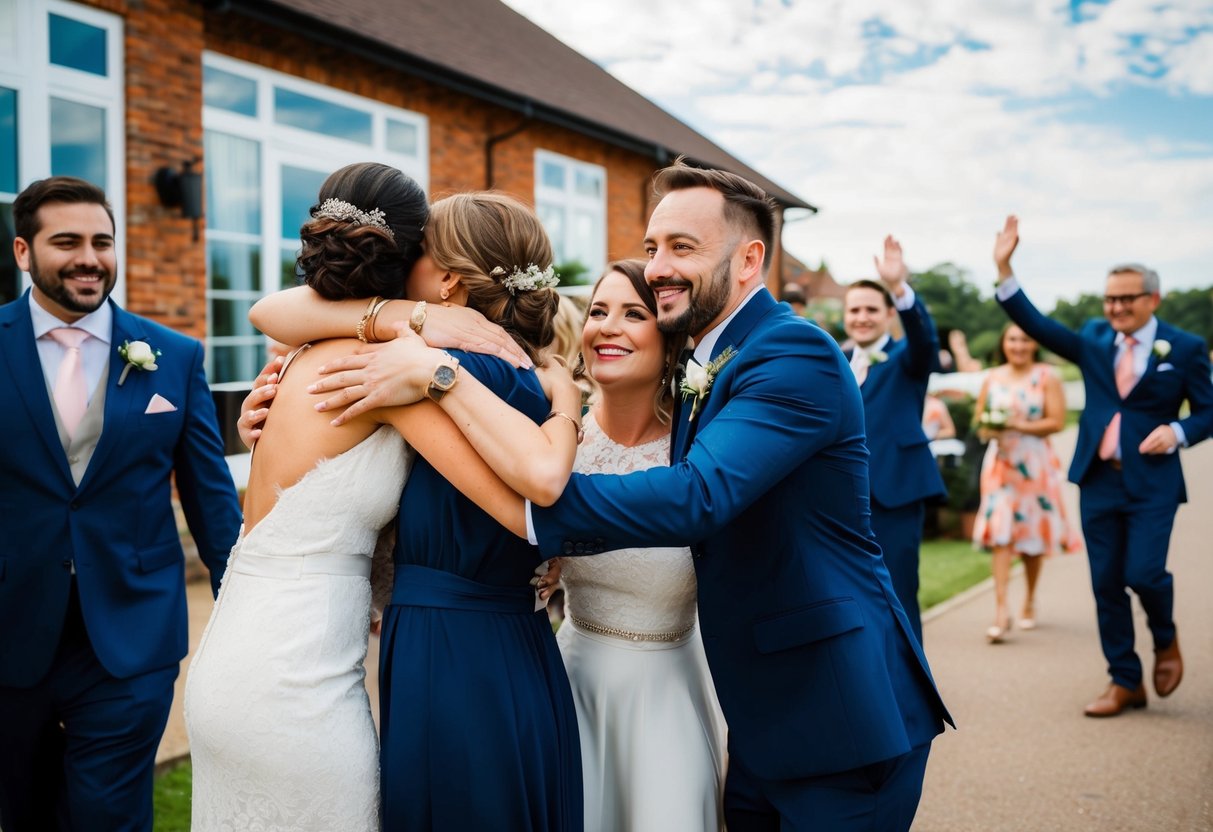Guests hugging and waving goodbye outside a wedding venue