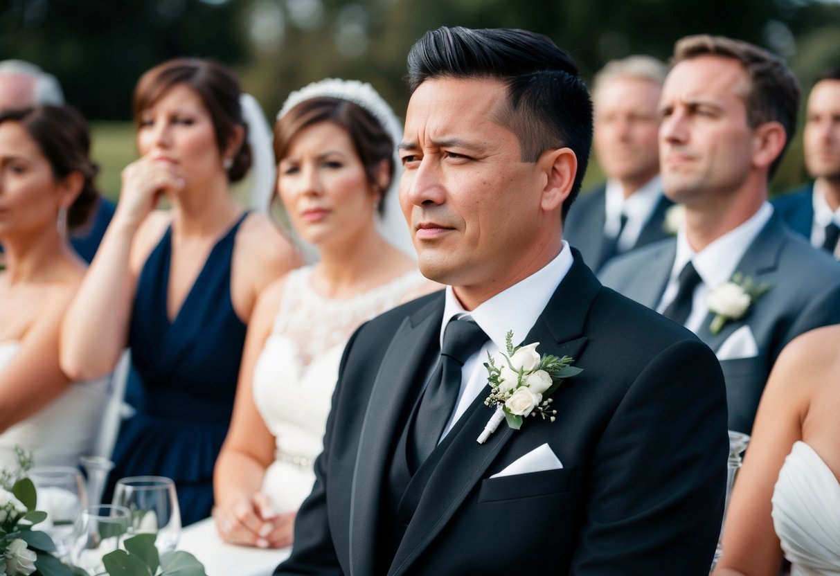 A wedding guest wearing a black outfit, looking uncomfortable as other guests give disapproving glances