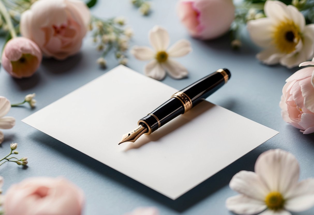 A fountain pen poised over an elegant wedding card, surrounded by delicate floral motifs and a soft, romantic color palette