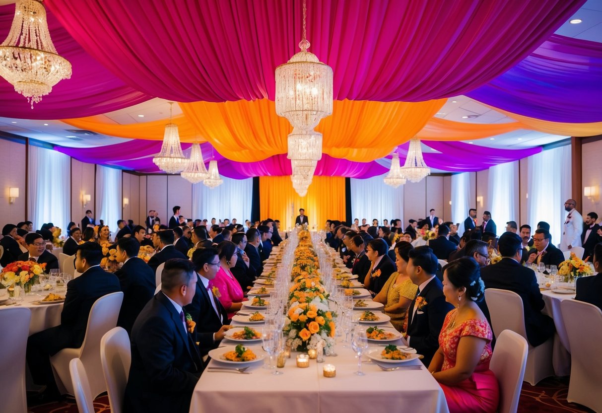 A wedding banquet with vibrant traditional colors, guests avoiding the taboo color, creating a visually striking and culturally significant scene