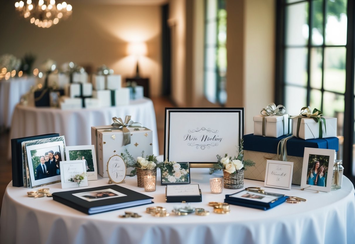 A wedding gift table adorned with personalized items and non-monetary presents, such as photo albums, handmade crafts, and sentimental tokens