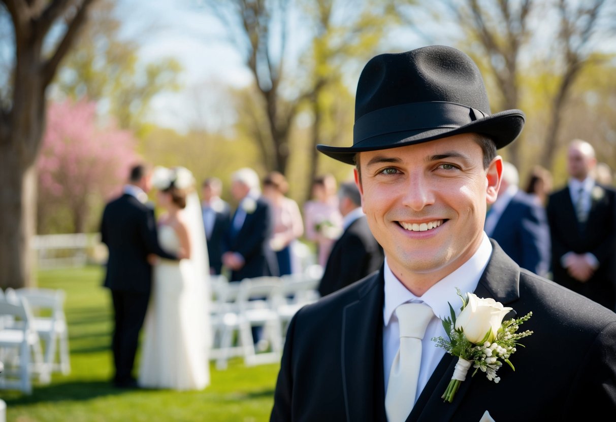 A wedding guest wearing black at a spring outdoor venue