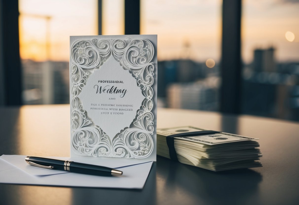 A decorative wedding card with an envelope, a stack of bills, and a pen on a table