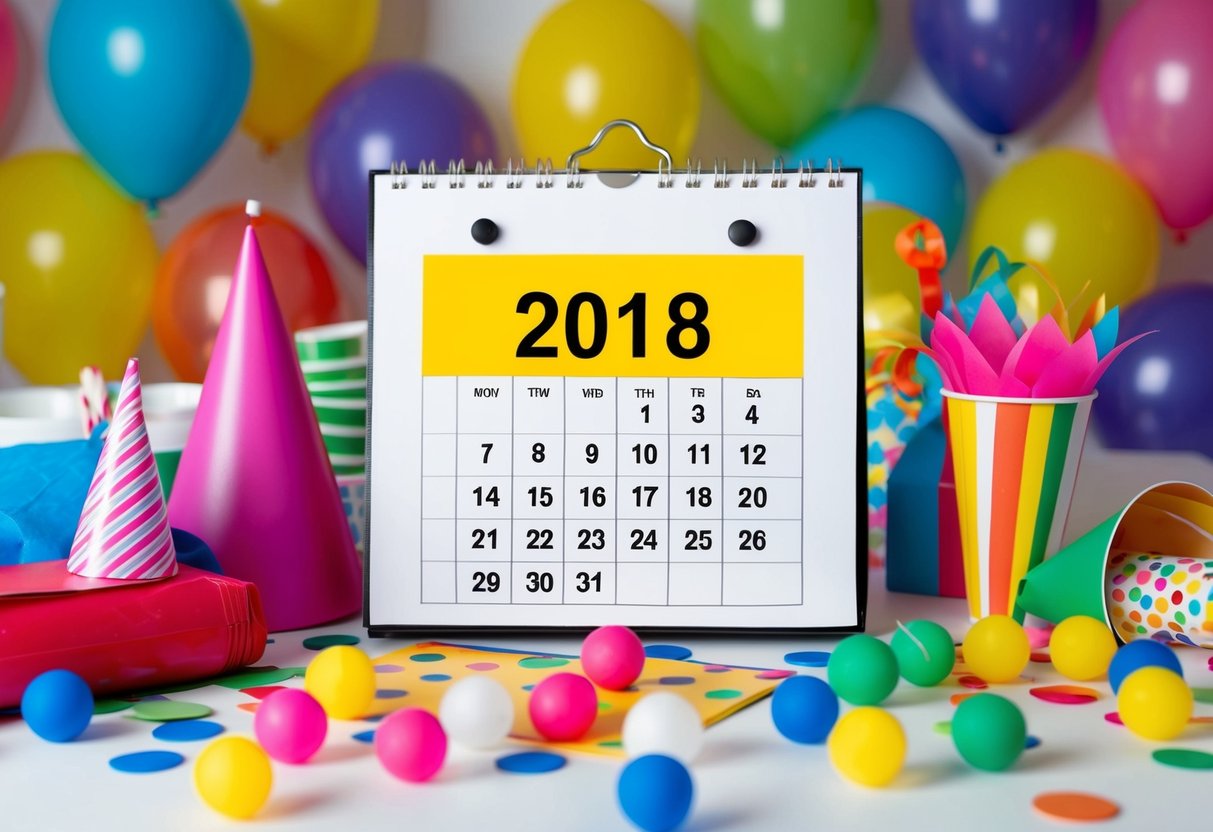 A calendar with a highlighted date, surrounded by a variety of party supplies and decorations