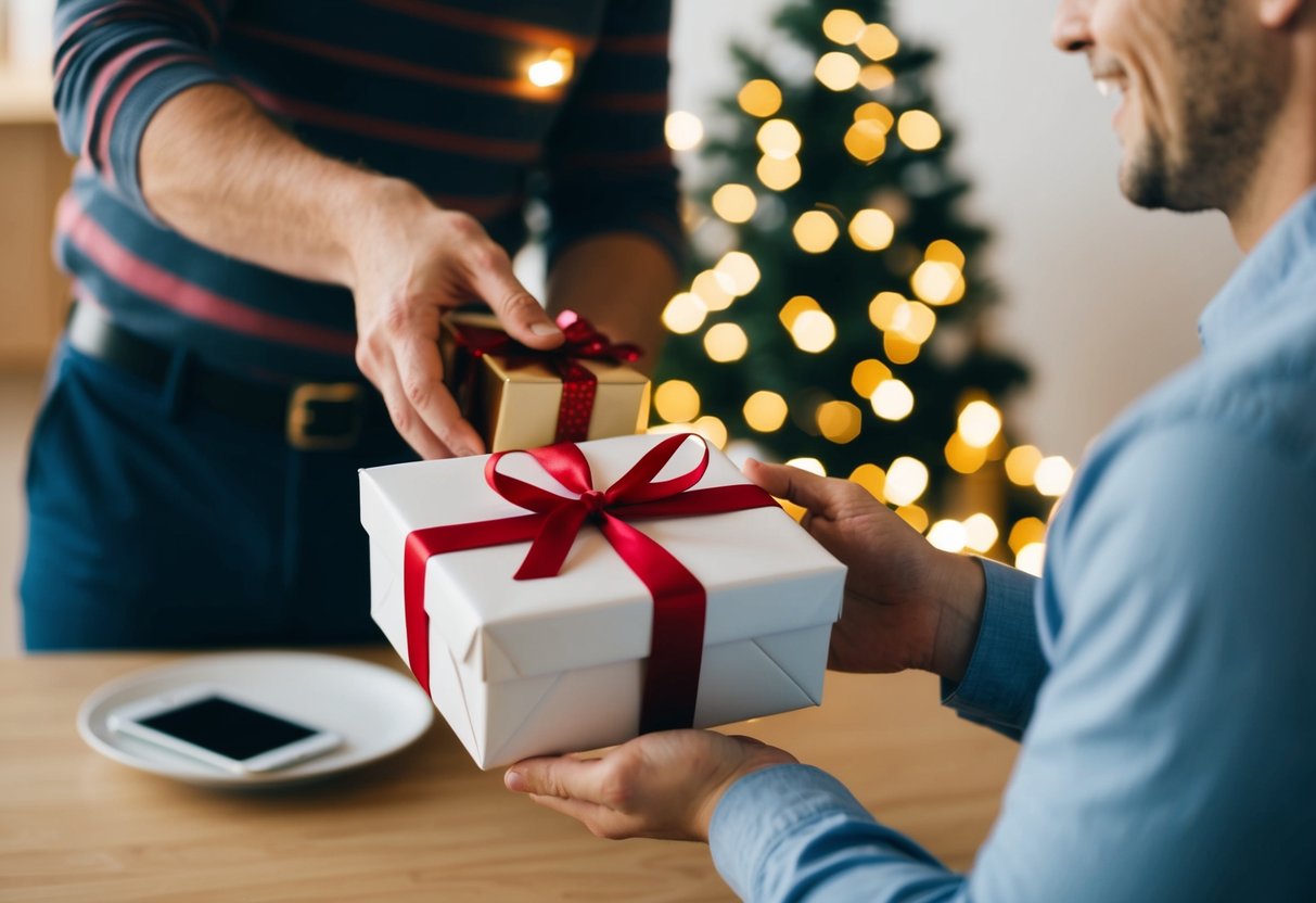 A person handing a wrapped gift box to another person, with a smile on their face