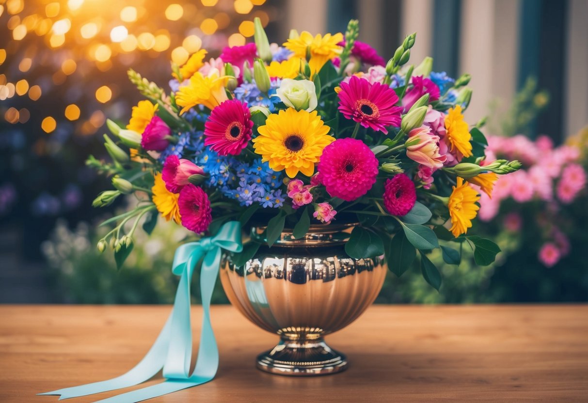 A bouquet of colorful flowers arranged in an elegant vase with a ribbon tied around it