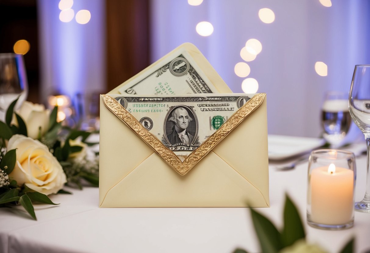 A decorative envelope with cash inside, placed on a gift table at a wedding reception