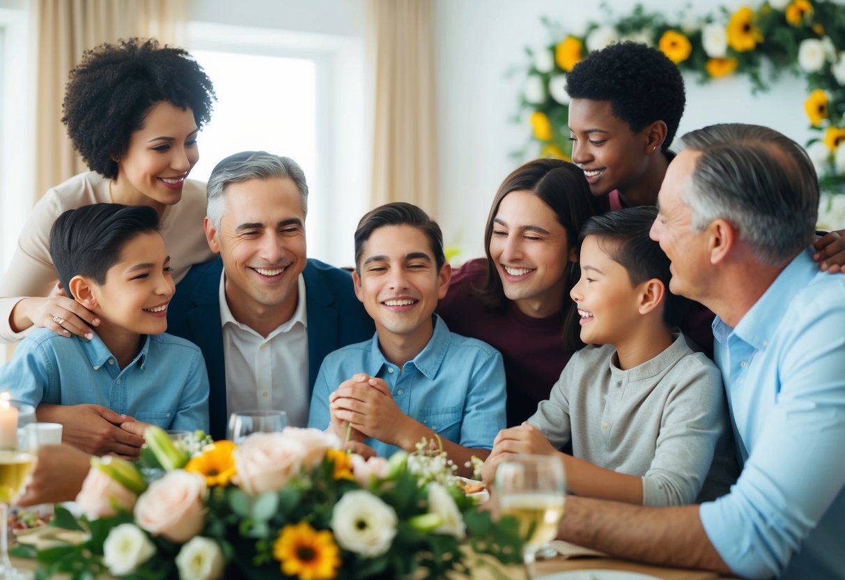 A family gathering with smiling faces, exchanging hugs and well wishes, surrounded by flowers and decorations