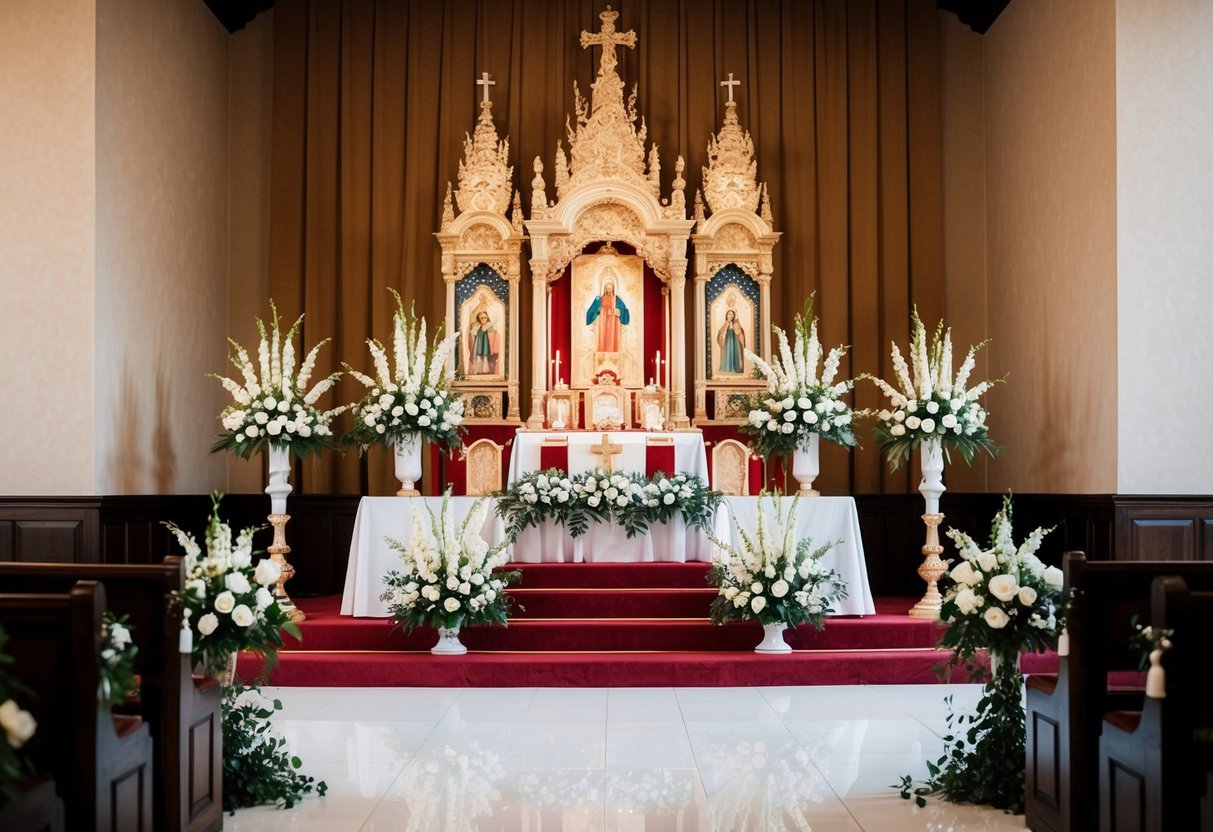 A traditional wedding altar adorned with religious symbols and floral arrangements