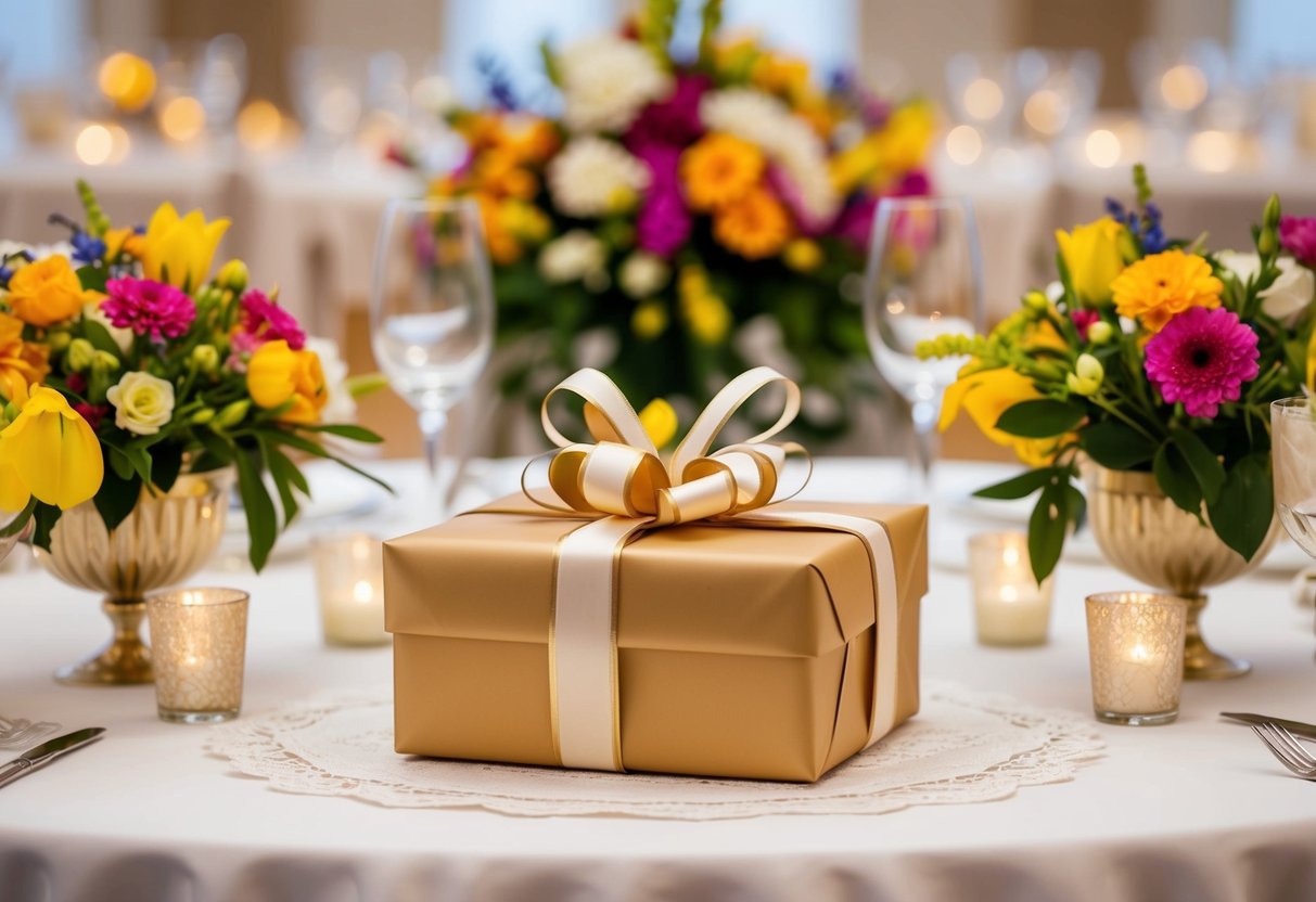 A beautifully wrapped gift sitting on a table surrounded by colorful flowers and elegant decorations at a wedding