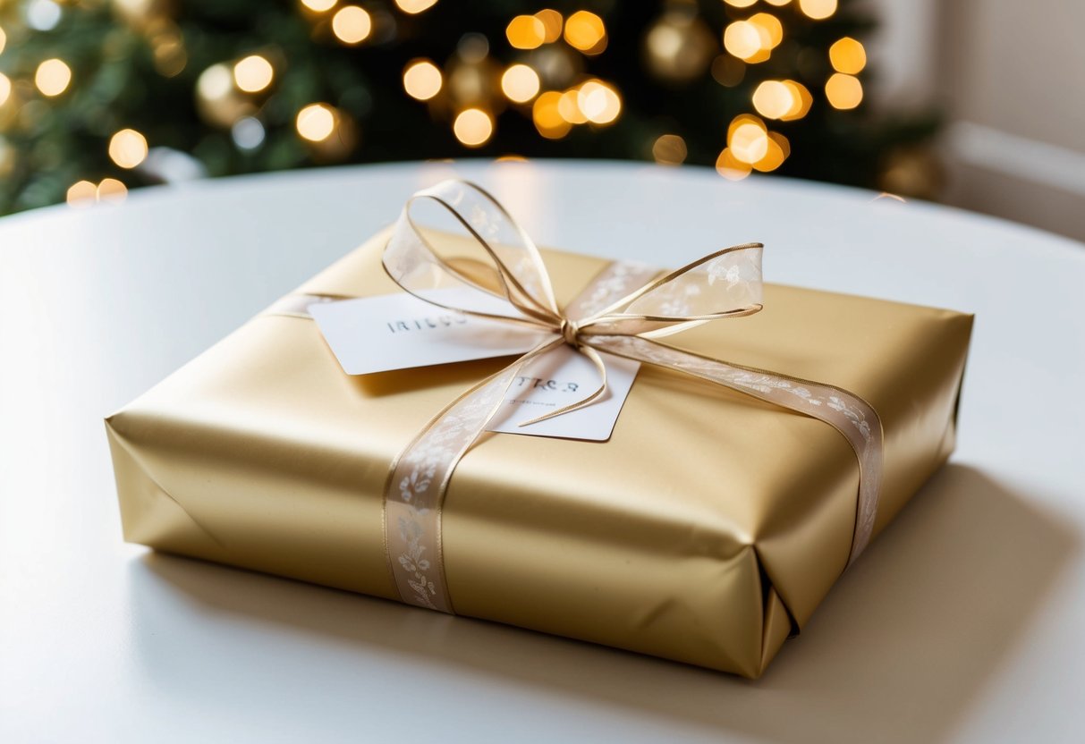 A beautifully wrapped gift sits on a table, adorned with a delicate ribbon and a small card