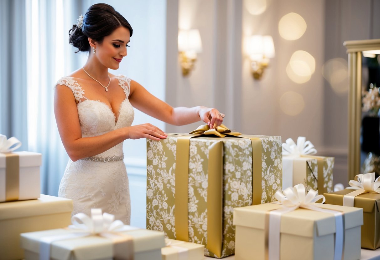 A bride carefully selects a beautifully wrapped gift from a display of elegant items, considering the perfect present for her mother-in-law