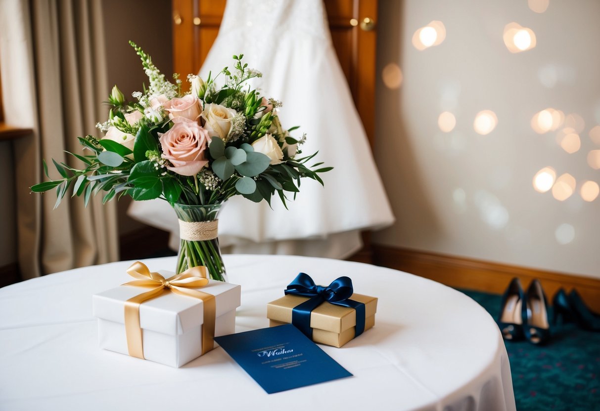 A table set with a bouquet, a gift, and a card. A wedding dress hangs in the background, with a pair of shoes on the floor