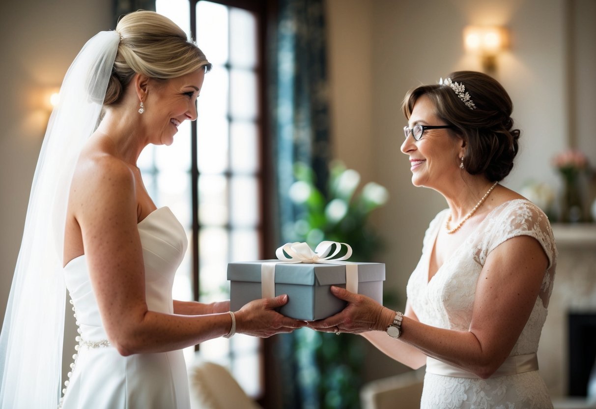 A bride presents a thoughtful gift to her mother-in-law, expressing gratitude and love