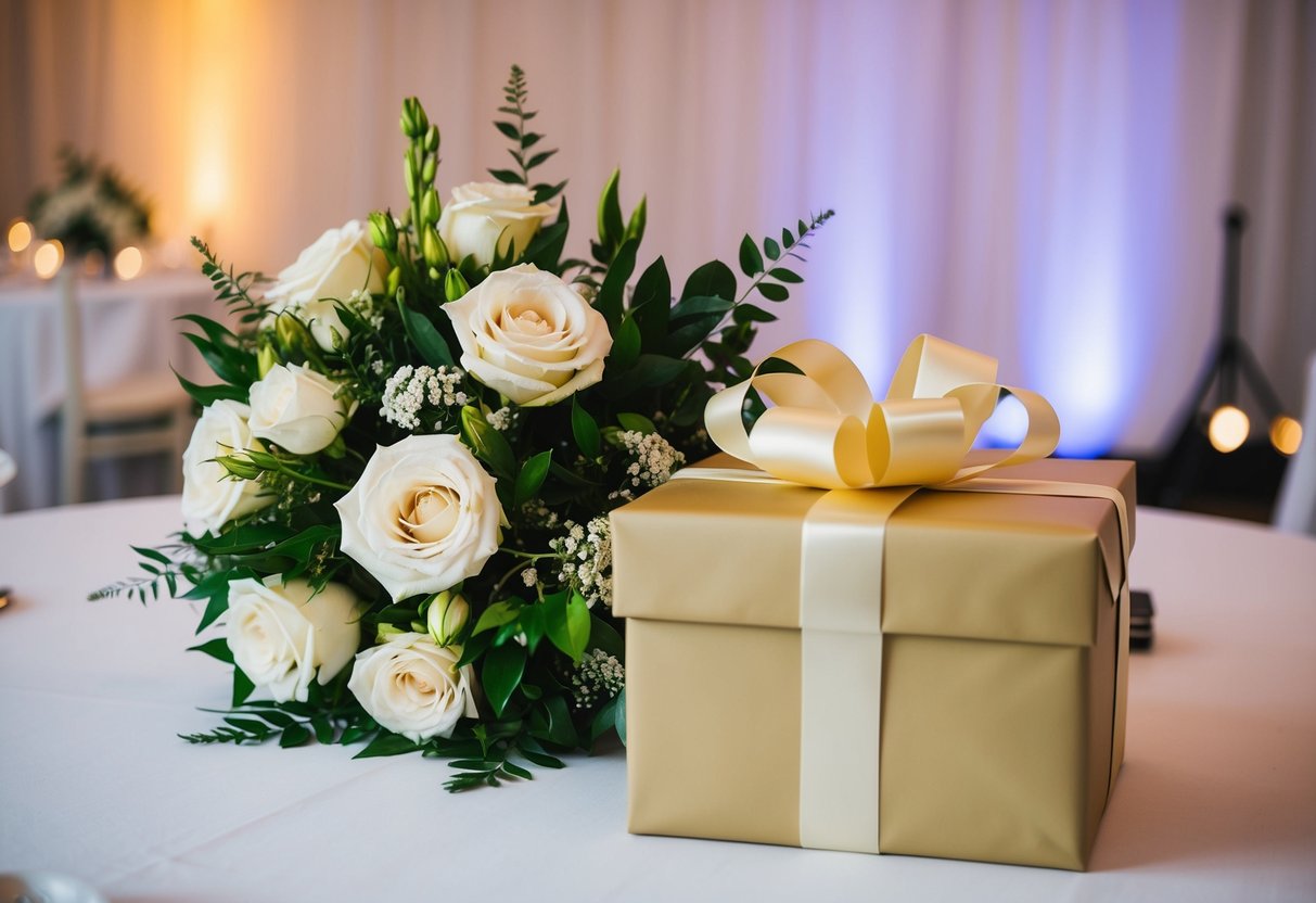 A gift-wrapped box and a bouquet of flowers placed on a table at a wedding reception