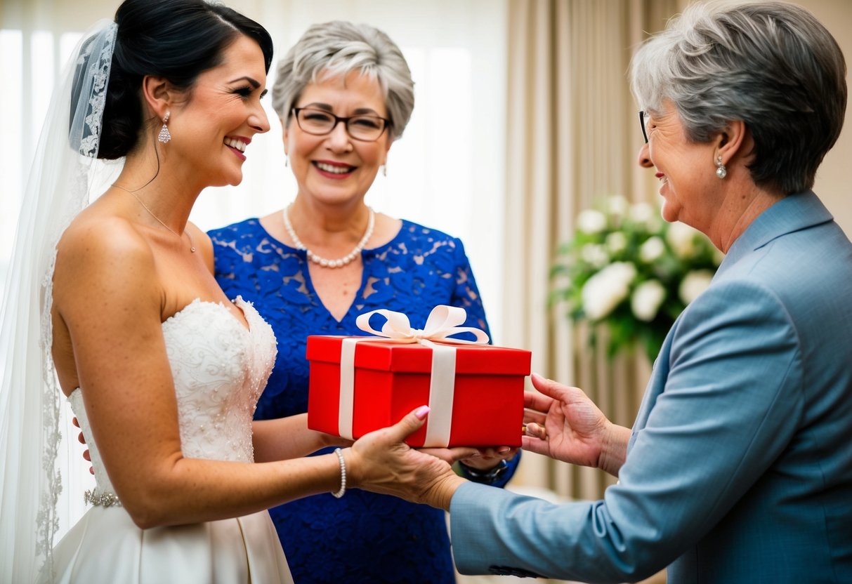 The bride presents a thoughtful gift to her mother-in-law, expressing gratitude and creating a heartwarming moment