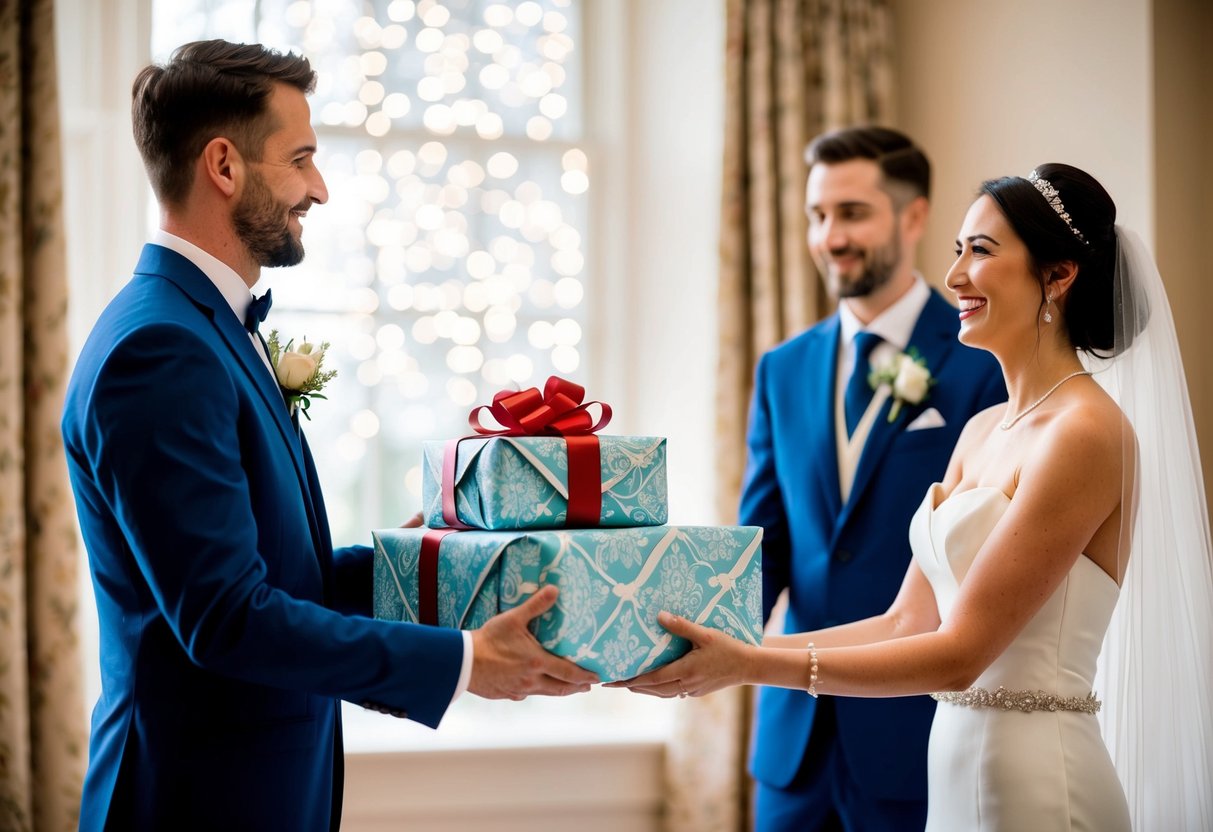 A groom presents a beautifully wrapped gift to his bride on their wedding day
