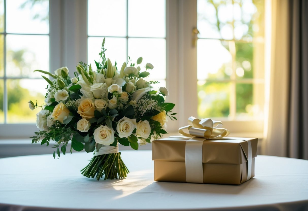 A bride's bouquet and a beautifully wrapped gift sit on a table. The sun streams through a window, casting a warm glow on the scene