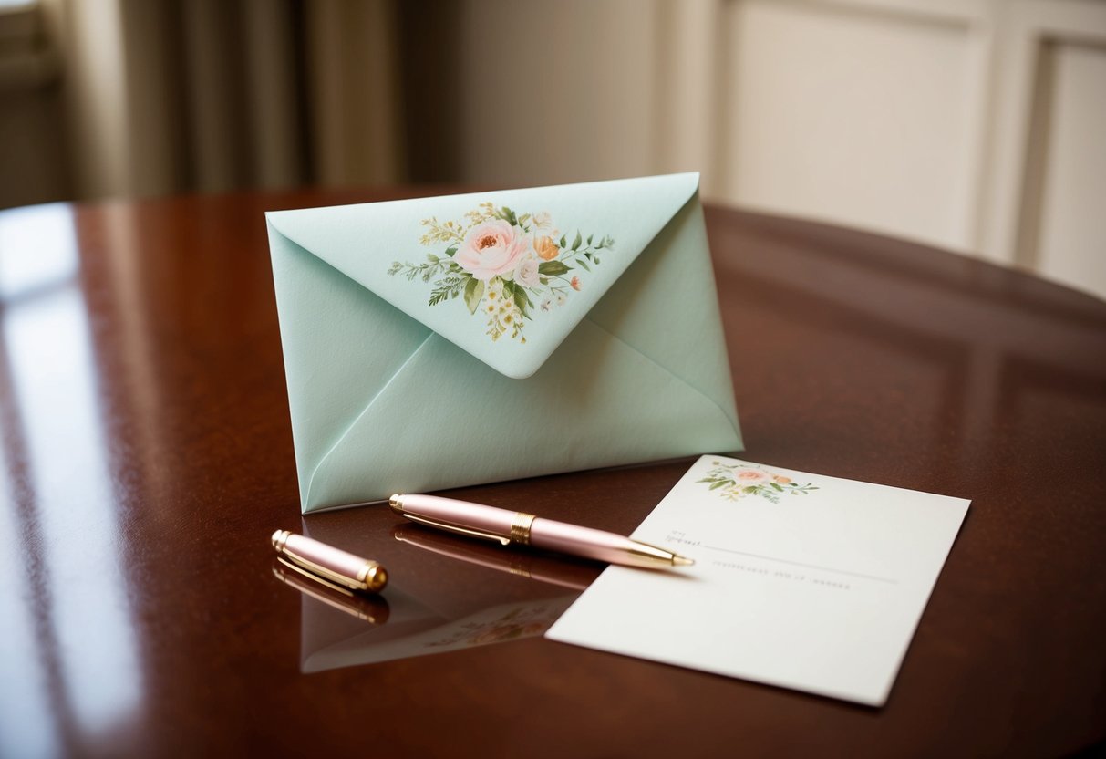 A soft, pastel-colored envelope with a delicate floral design sits on a polished wooden table, accompanied by a small, elegant pen and a blank RSVP card