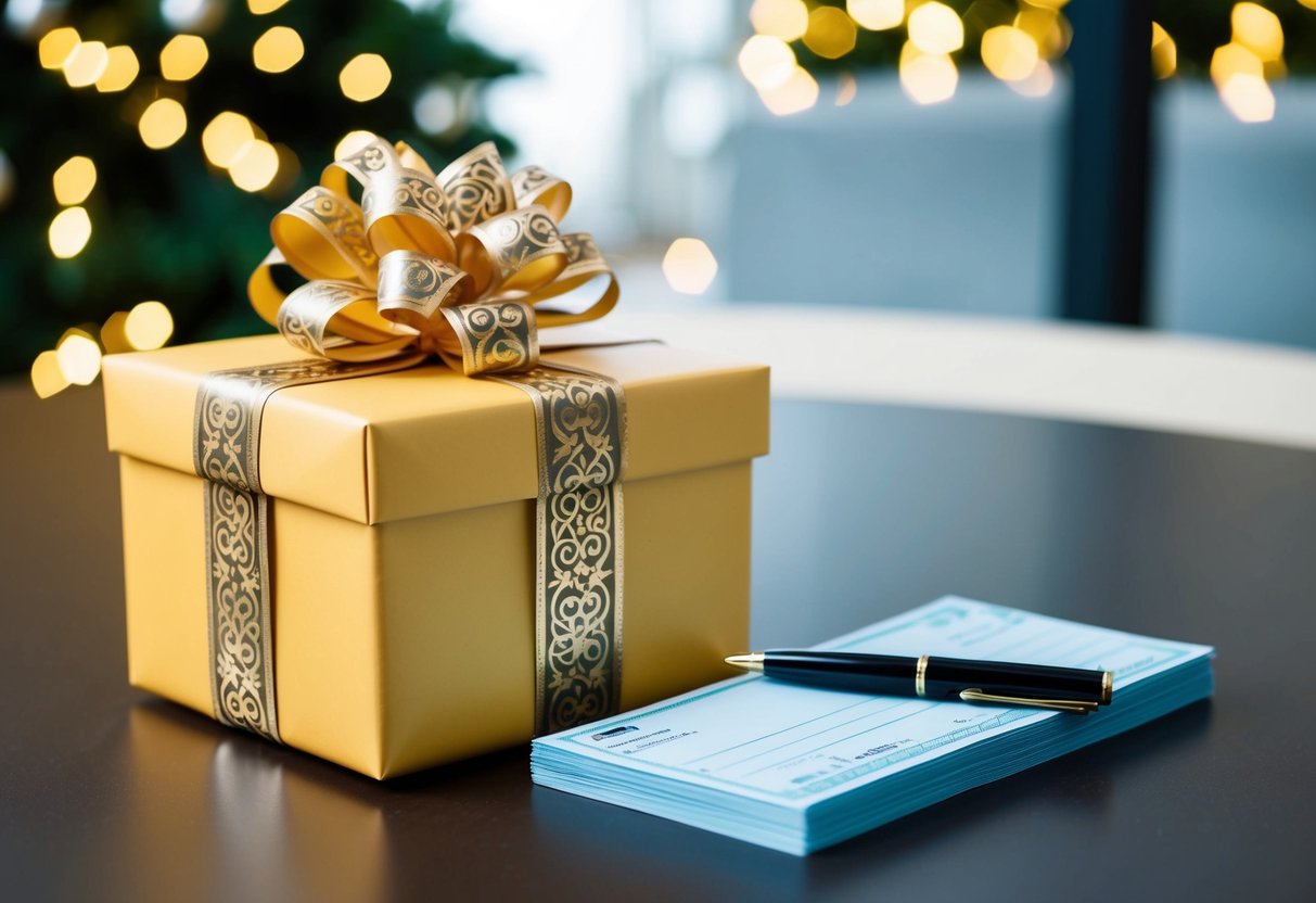 A beautifully wrapped gift box with a decorative bow sitting on a table next to a stack of blank checks and a pen