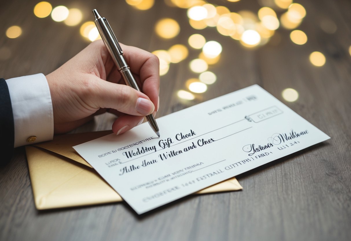 A wedding gift check being written out with a pen and placed in an elegant envelope