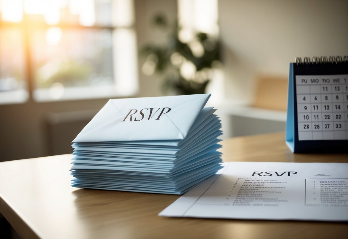 A stack of unopened envelopes labeled "RSVP" sits on a table, while a calendar shows last-minute changes scribbled in