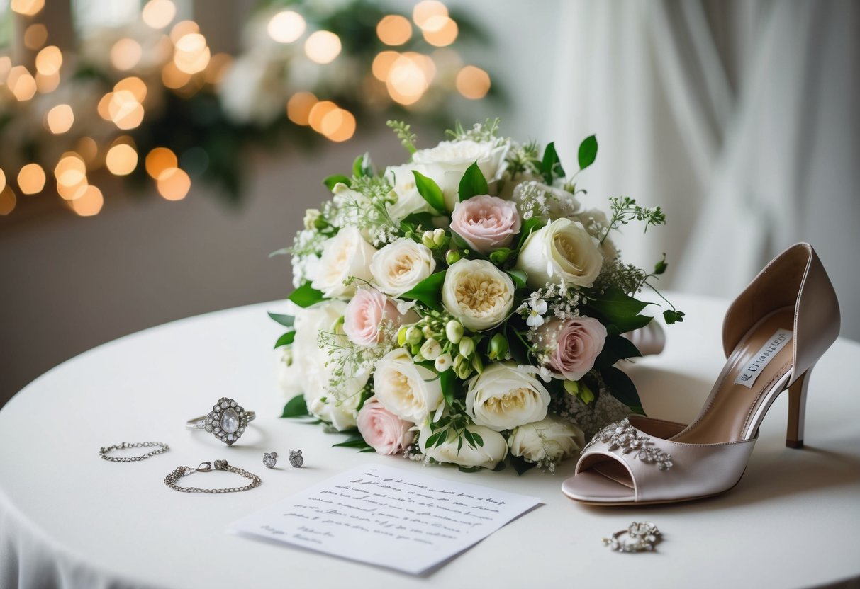 A bride's bouquet surrounded by delicate jewelry, a handwritten love letter, and a pair of elegant shoes