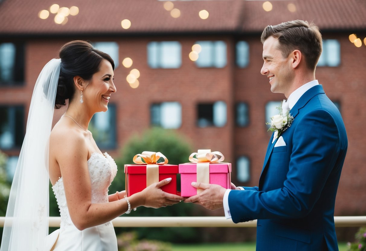 A bride and groom exchanging gifts on their wedding day