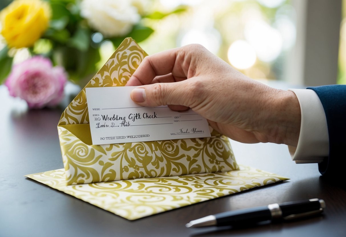 A hand placing a wedding gift check into a decorative envelope on a table with a pen nearby