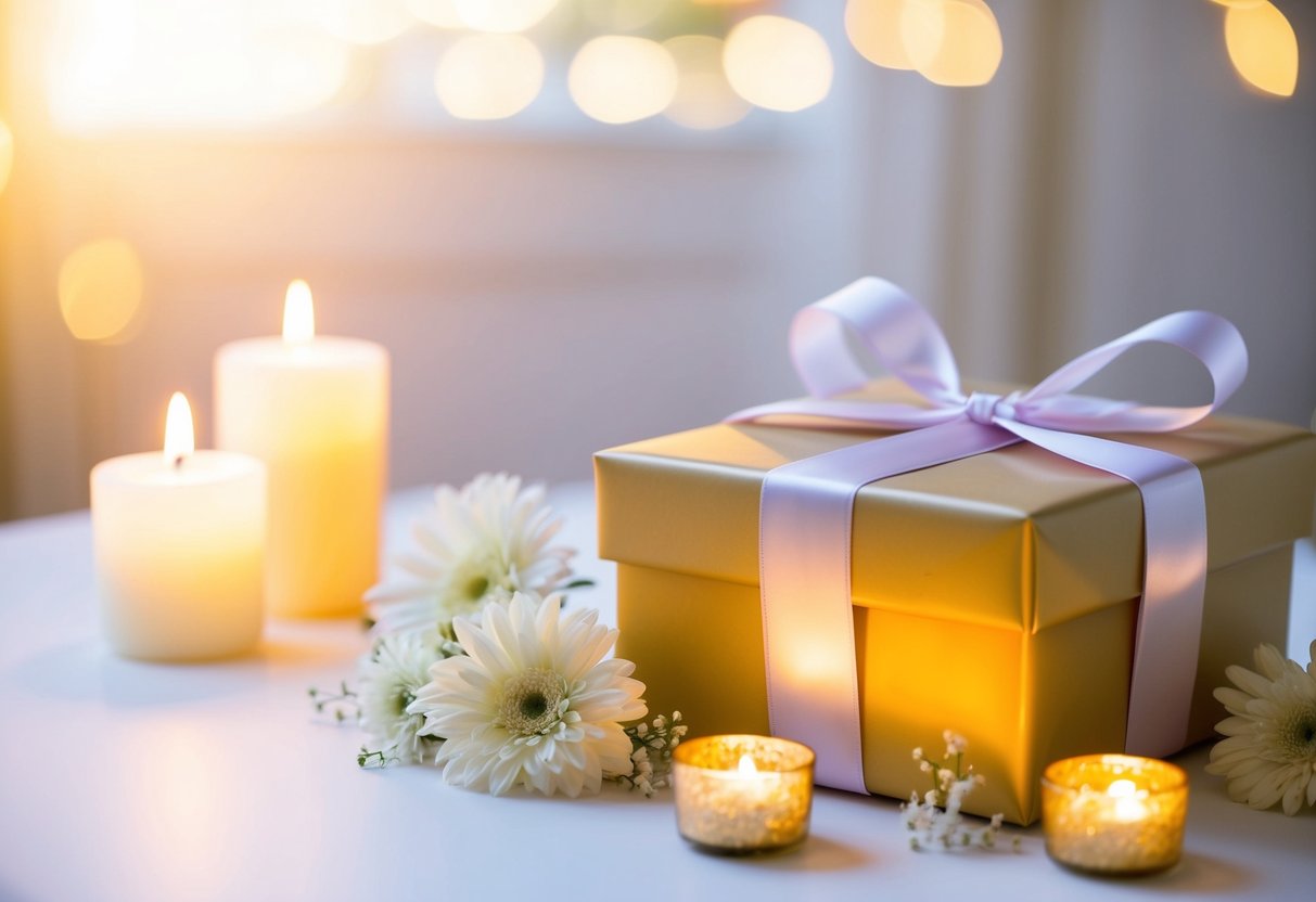 A beautifully wrapped gift box sits on a table, surrounded by delicate flowers and elegant ribbons. The soft glow of candlelight adds a touch of romance to the scene