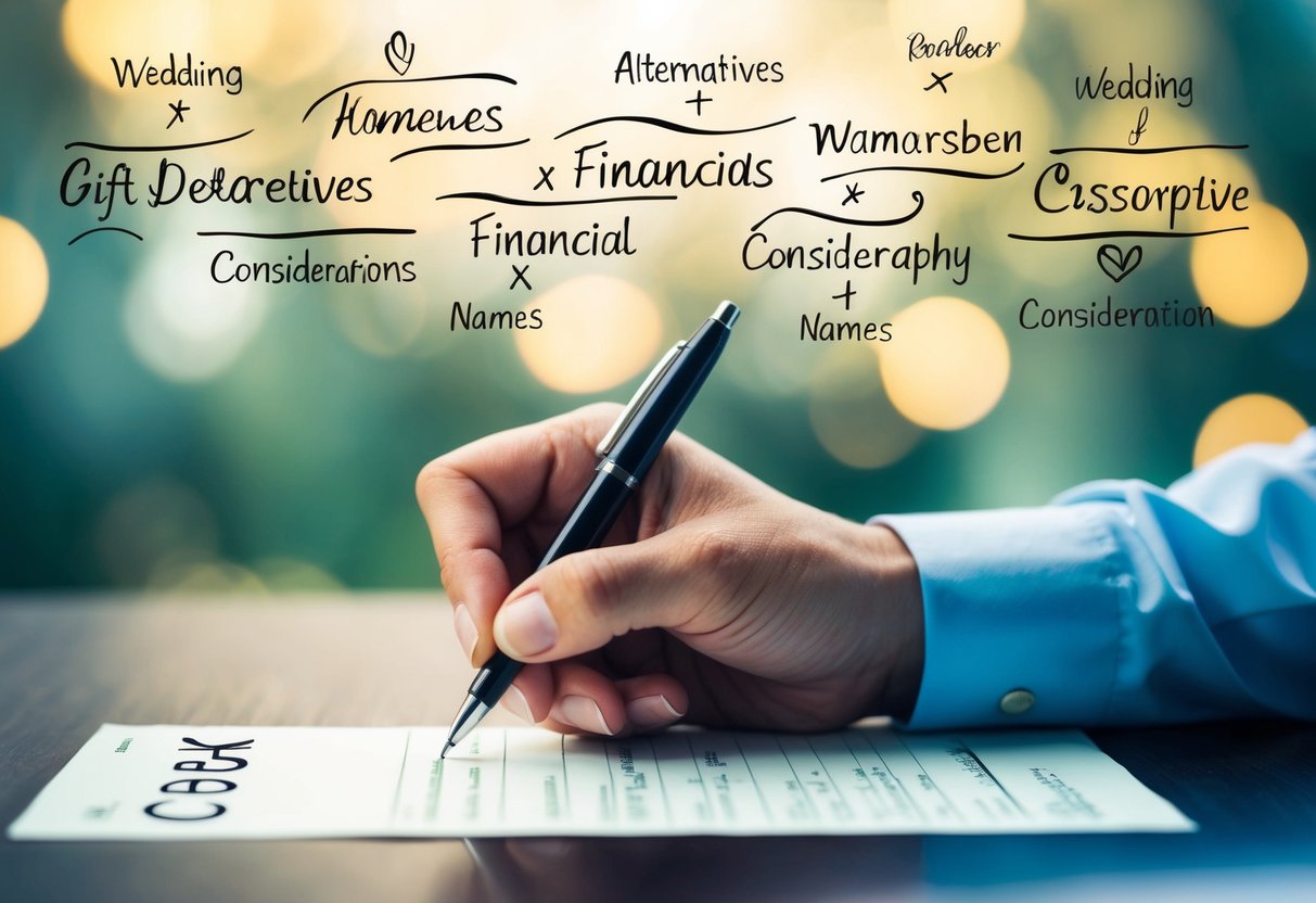 A wedding gift check being written and signed with various alternative names and financial considerations in the background