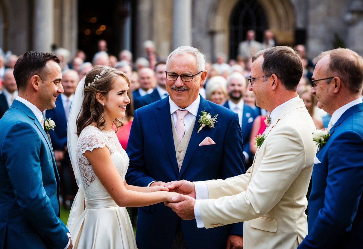 A father stands beside his daughter, presenting her to the groom in front of a crowd. The exchange symbolizes the transfer of responsibility and the joining of two families