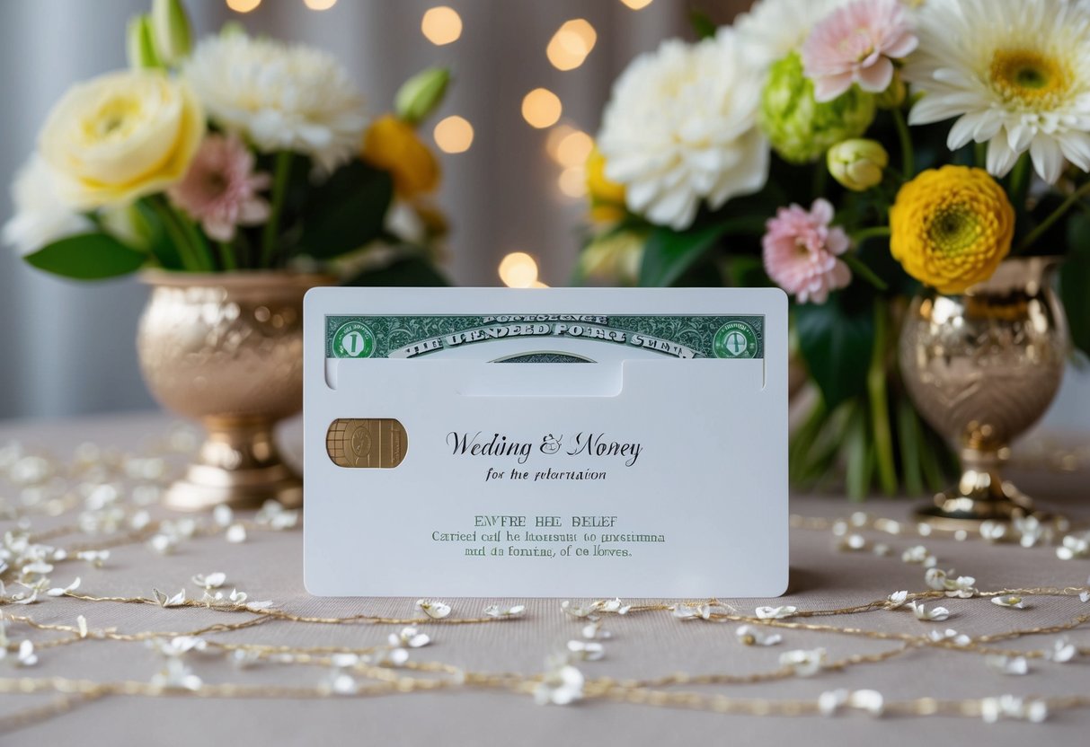 A wedding card with a slot for money, surrounded by flowers and a decorative table