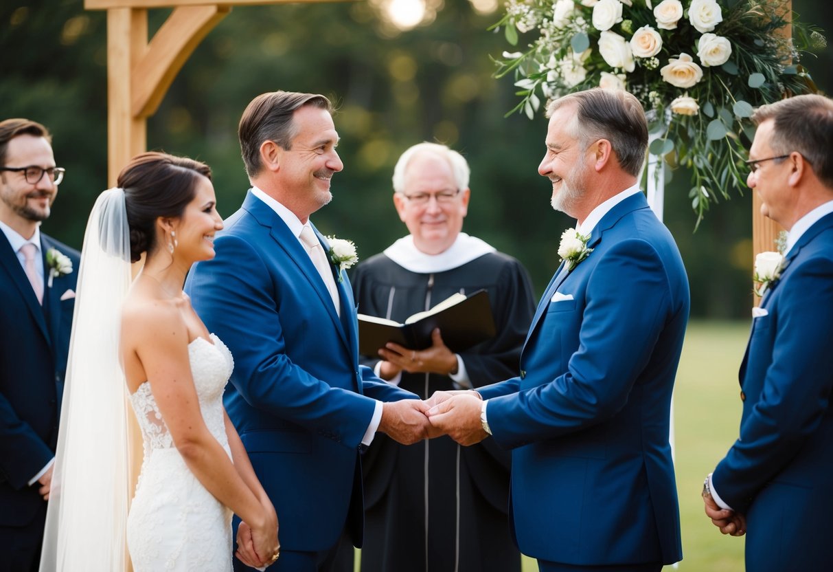A father standing proudly beside the groom, presenting him to the bride and officiant at a wedding ceremony