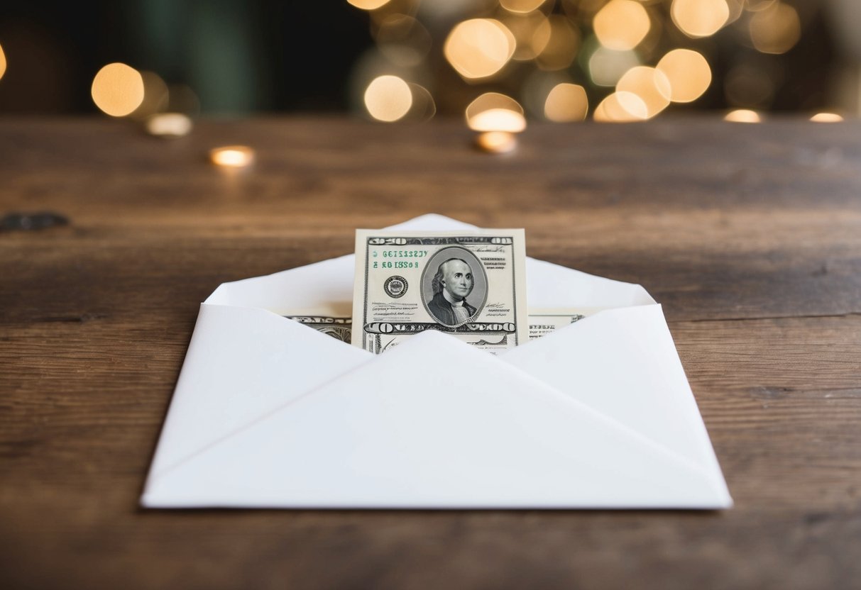 A wedding card with an envelope open, showing a crisp bill tucked inside