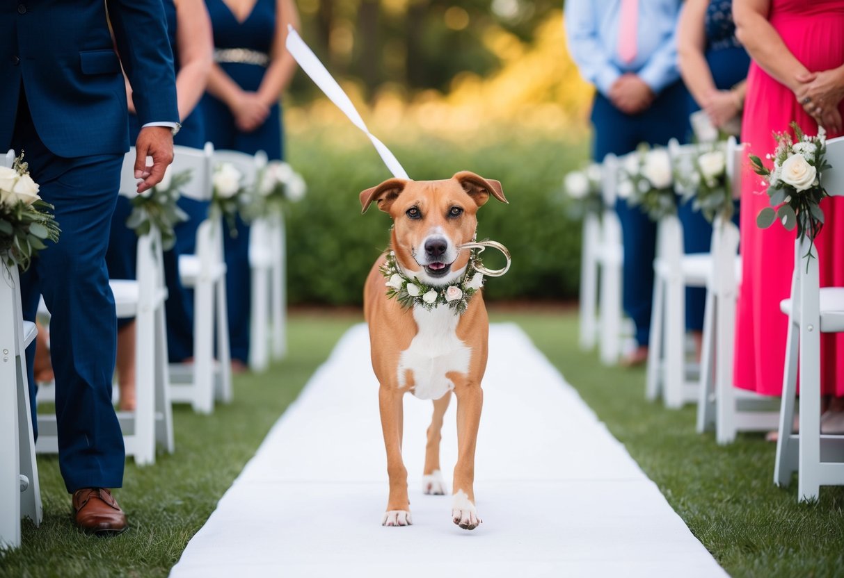 A dog with a decorated collar walks down the aisle, carrying the groom's wedding ring in its mouth