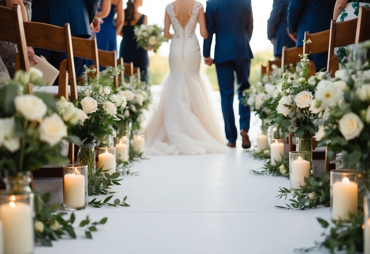 A figure stands at the end of a flower-lined aisle, waiting to lead the groom forward