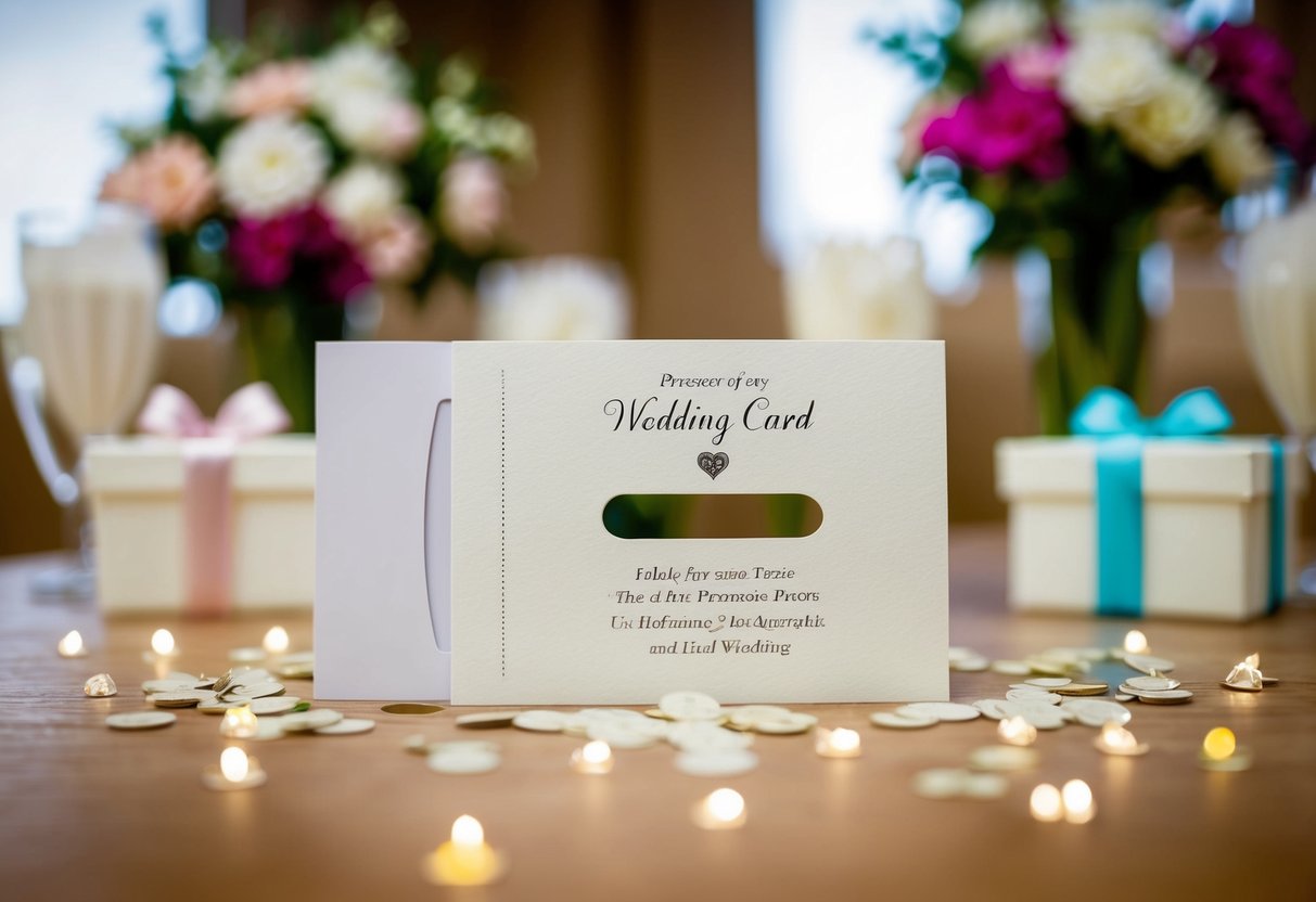 A wedding card with a slot for money, surrounded by decorative flowers and a gift table in the background