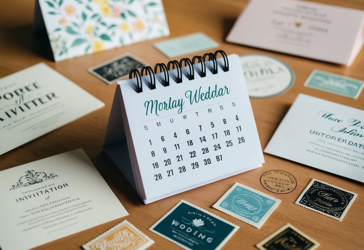 A calendar with the date of the wedding marked, surrounded by various invitation designs and stamps