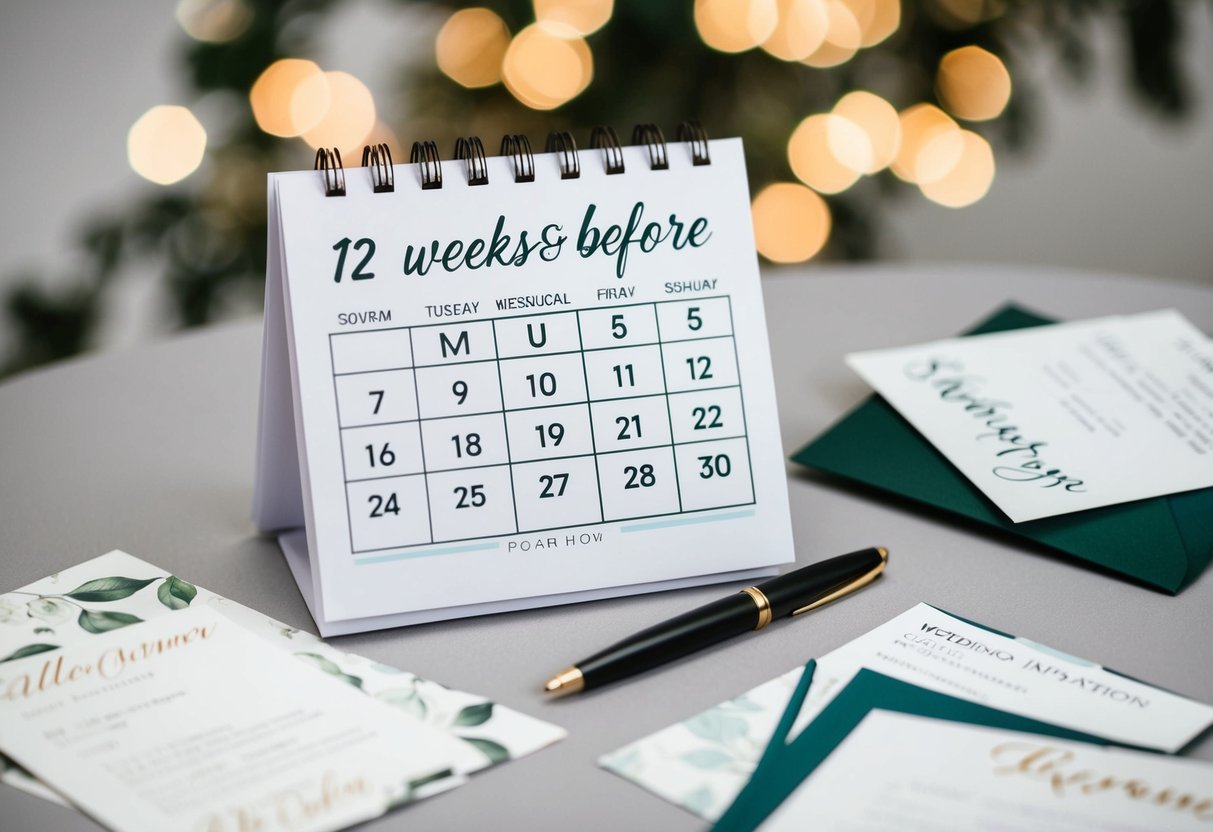 A calendar with the date 12 weeks before the wedding circled, surrounded by wedding invitation samples and a pen