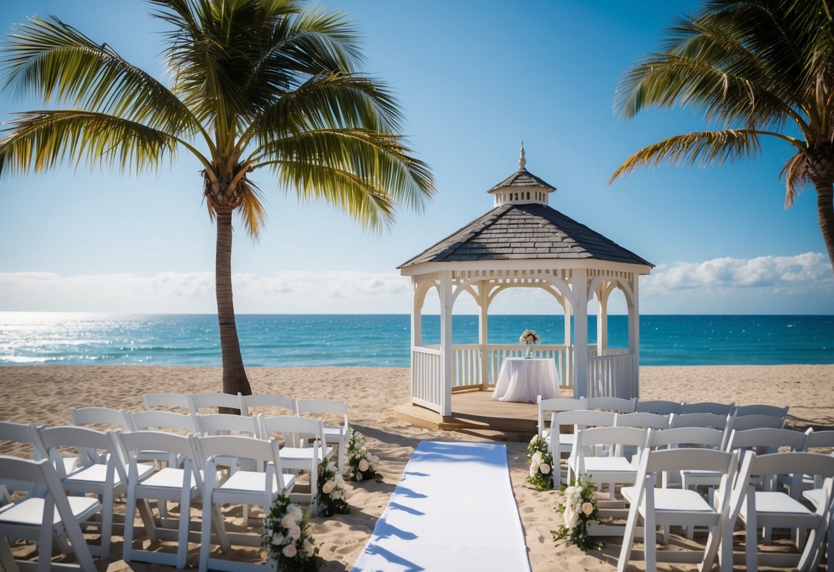 A sunny beach with a picturesque gazebo and chairs set up for a wedding ceremony. Palm trees sway in the background, and the ocean sparkles in the distance