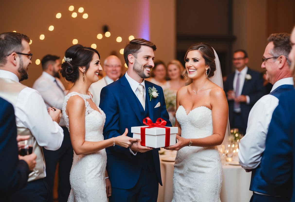 The bride and groom present gifts to their guests at the reception