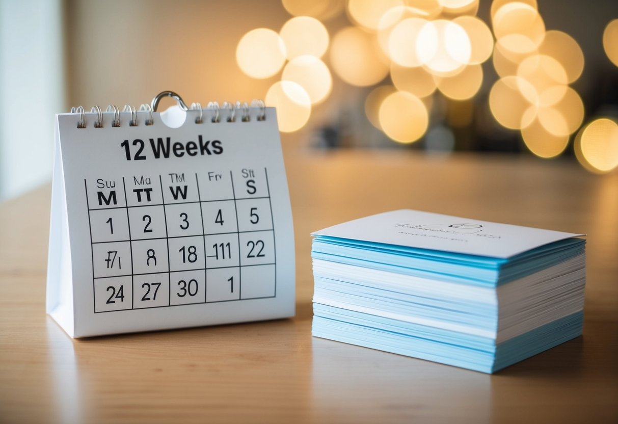 A calendar showing 12 weeks before a wedding date, with a stack of wedding invitations nearby