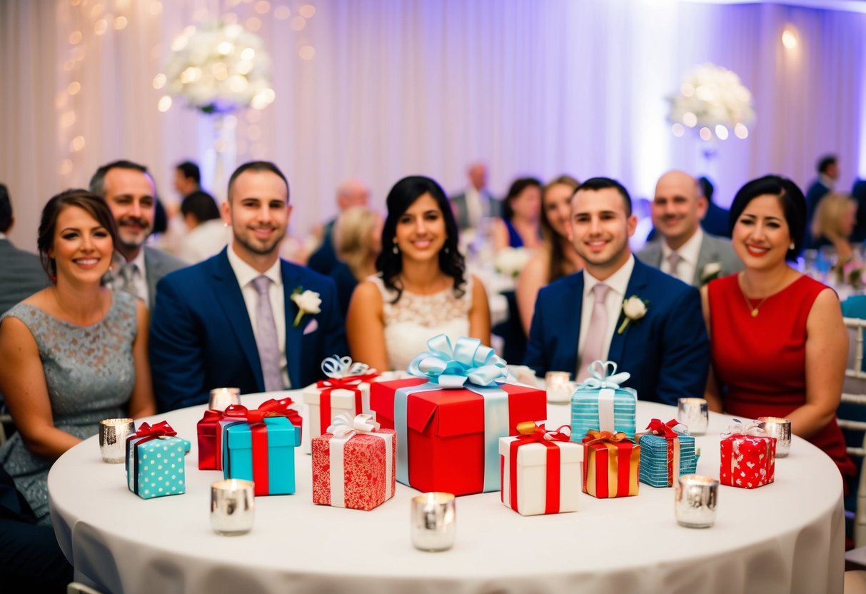 A table adorned with small wrapped gifts, surrounded by smiling guests at a wedding reception